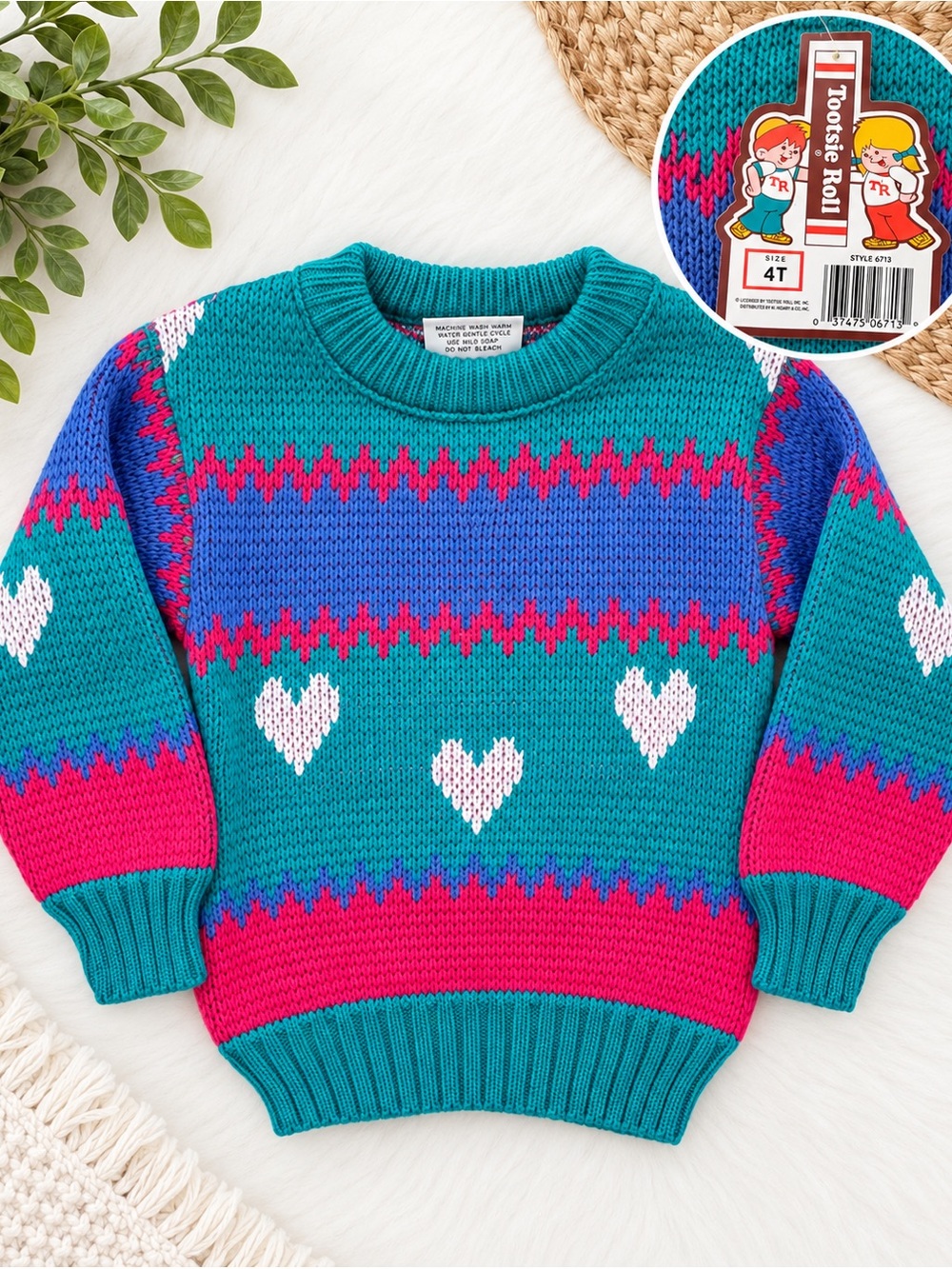 New Vintage Tootsie Roll Toddler Girl Color block Acrylic Sweater 4T Teal Pink